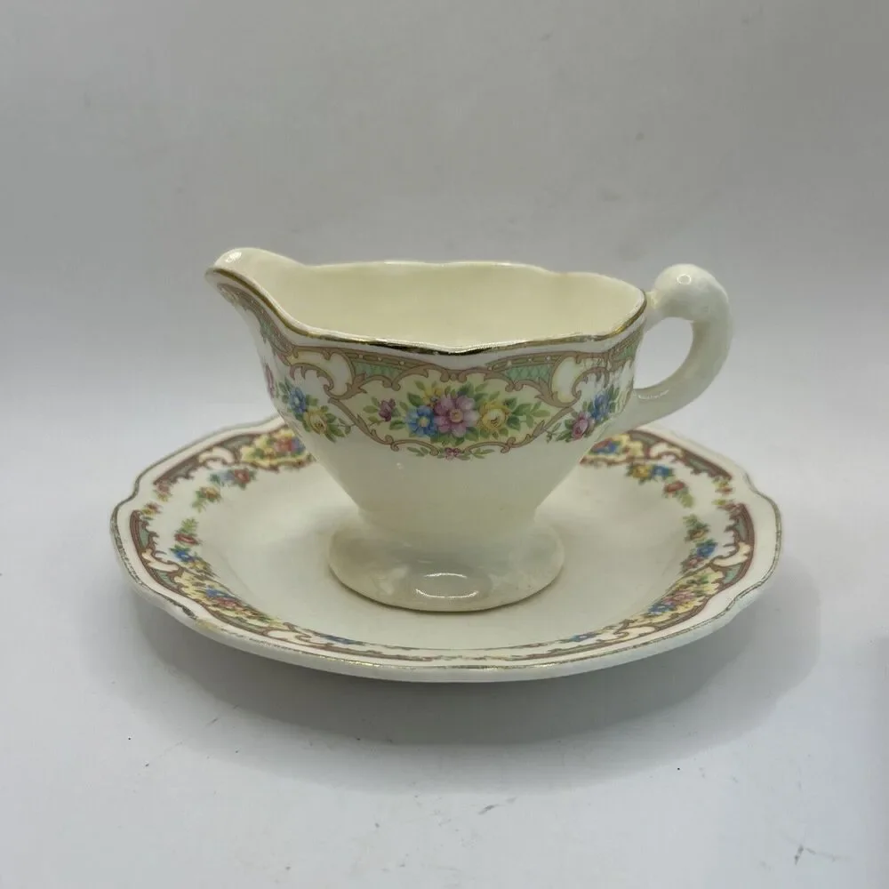 Antique 1930s Mount Clemens Mildred Footed Creamer & Plate Gold Trimmed USA USA